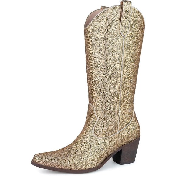 ⚡Women’s Champagne Gold Rhinestone Cowboy Boots Mid Calf Pointed Toe Block Heel - Picture 1 of 5